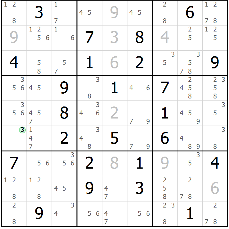 Position des candidats pour la solution de la Gr 56 page 59 du magazine de sudoku Maestro n° 100