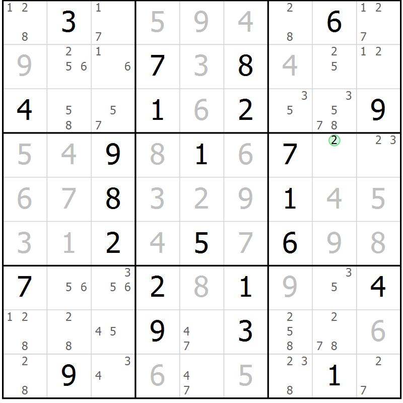 Position des candidats pour la solution de la Gr 56 page 59 du magazine de sudoku Maestro n° 100