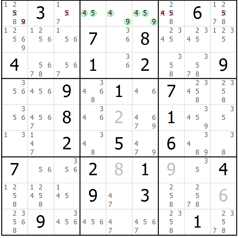 Position des candidats pour la solution de la Gr 56 page 59 du magazine de sudoku Maestro n° 100