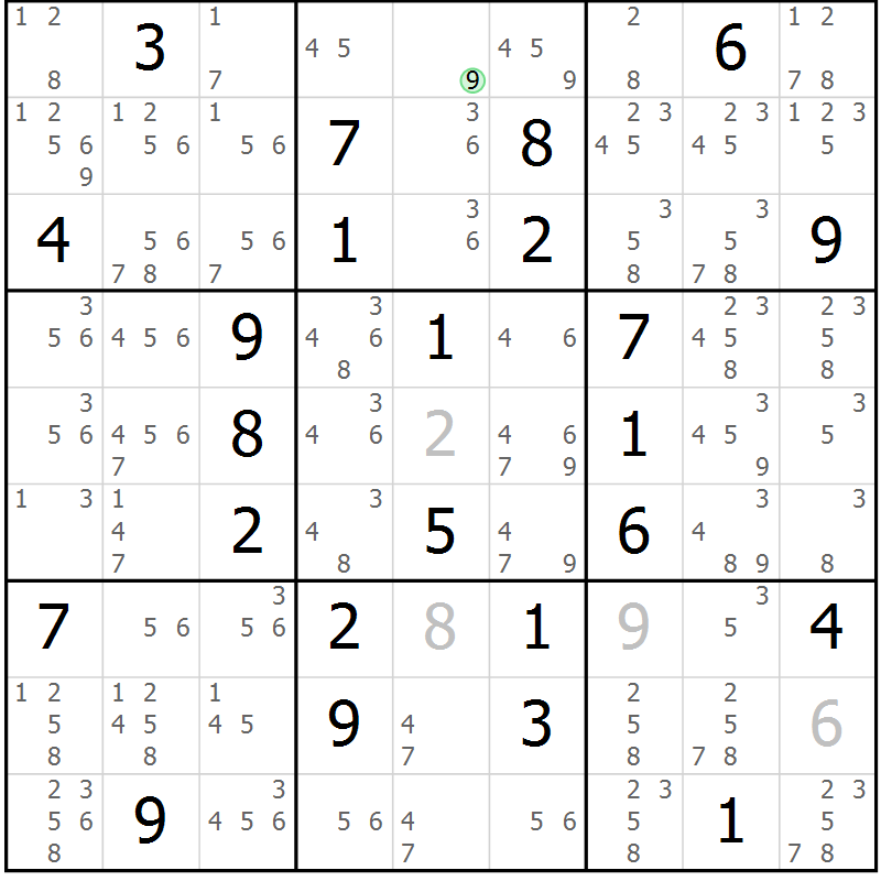Position des candidats pour la solution de la Gr 56 page 59 du magazine de sudoku Maestro n° 100
