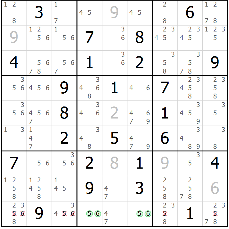 Position des candidats pour la solution de la Gr 56 page 59 du magazine de sudoku Maestro n° 100