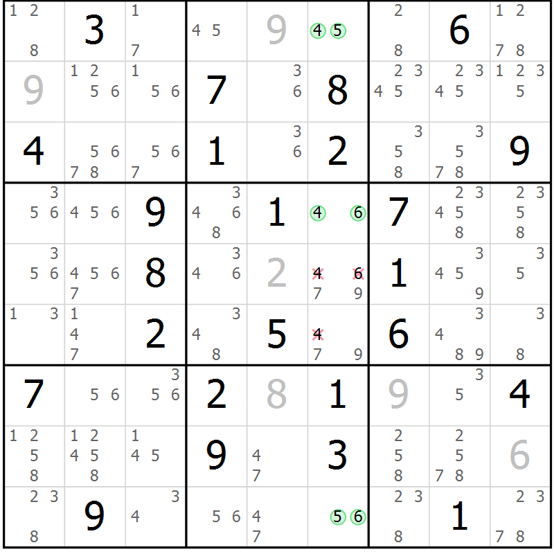 Position des candidats pour la solution de la Gr 56 page 59 du magazine de sudoku Maestro n° 100
