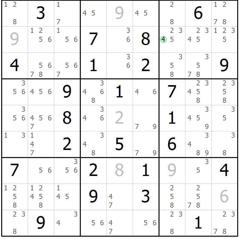 Position des candidats pour la solution de la Gr 56 page 59 du magazine de sudoku Maestro n° 100