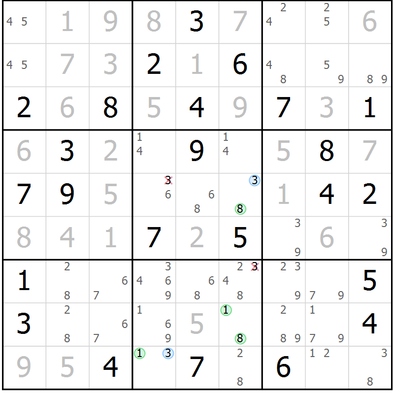 Position des candidats pour la solution de la Gr 57 page 60 du magazine de sudoku Maestro n° 100