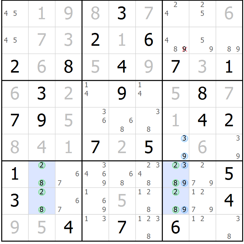 Position des candidats pour la solution de la Gr 57 page 60 du magazine de sudoku Maestro n° 100