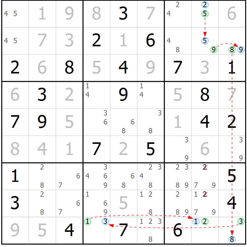 Position des candidats pour la solution de la Gr 57 page 60 du magazine de sudoku Maestro n° 100