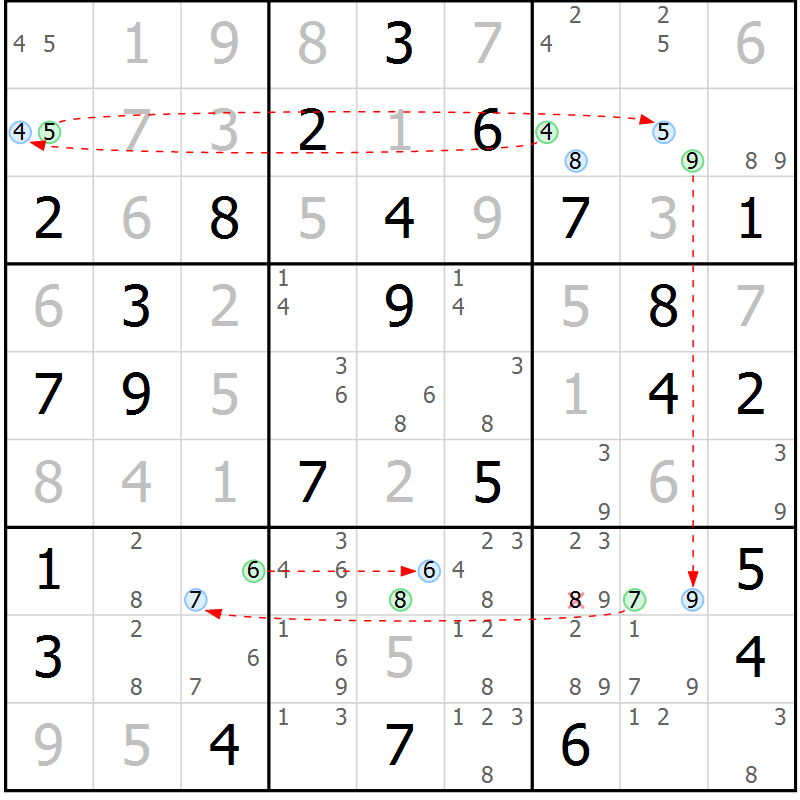Position des candidats pour la solution de la Gr 57 page 60 du magazine de sudoku Maestro n° 100