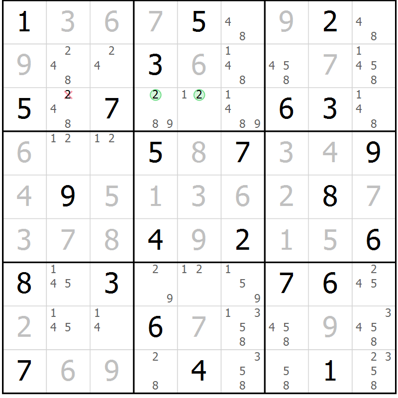 Position des candidats pour la solution de la Gr 58 page 61 du magazine de sudoku Maestro n° 100