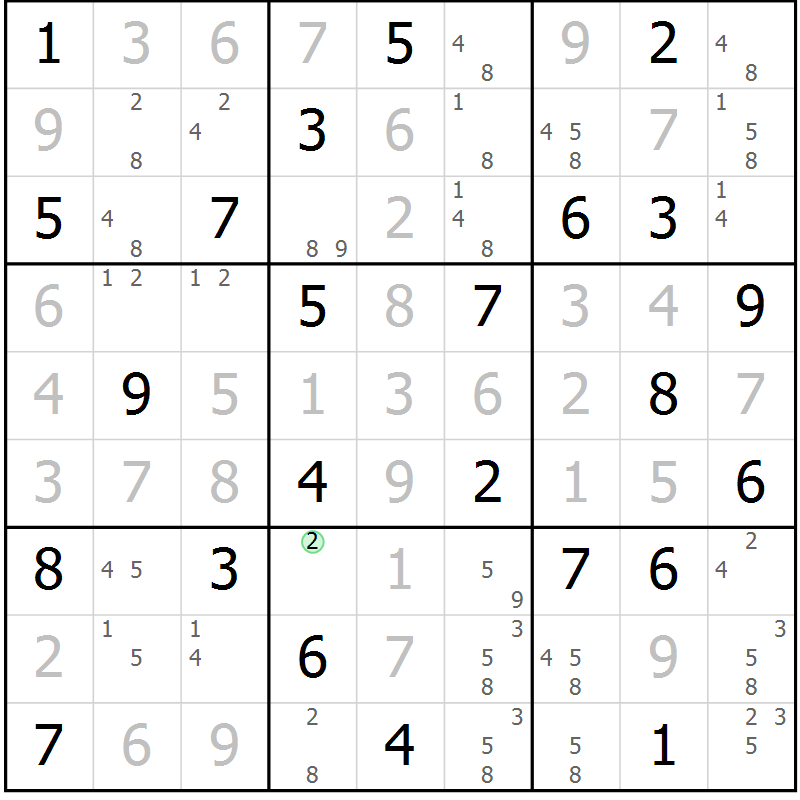 Position des candidats pour la solution de la Gr 58 page 61 du magazine de sudoku Maestro n° 100