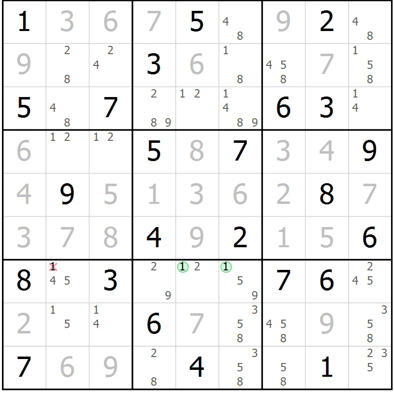 Position des candidats pour la solution de la Gr 58 page 61 du magazine de sudoku Maestro n° 100
