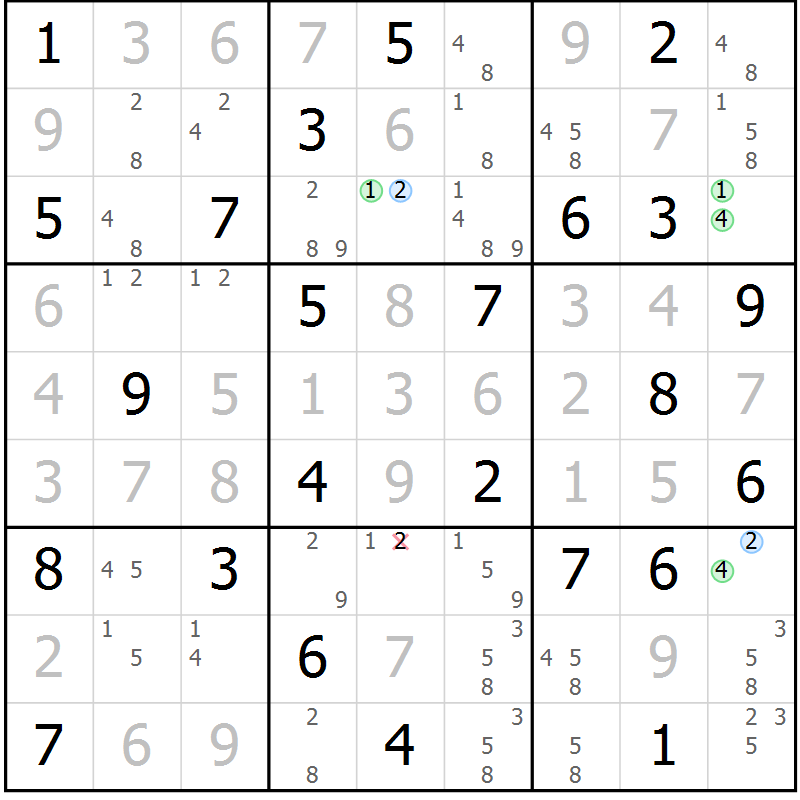Position des candidats pour la solution de la Gr 58 page 61 du magazine de sudoku Maestro n° 100