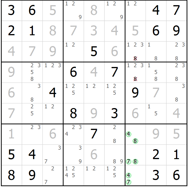 Position des candidats pour la solution de la Gr 6 page 9 du magazine de sudoku Maestro n° 100