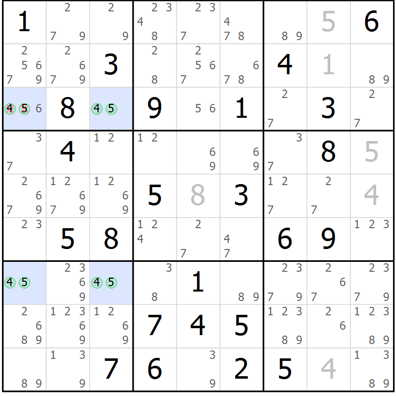 Position des candidats pour la solution de la Gr 60 page 63 du magazine de sudoku Maestro n° 100