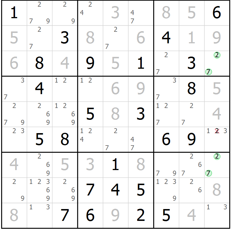 Position des candidats pour la solution de la Gr 60 page 63 du magazine de sudoku Maestro n° 100
