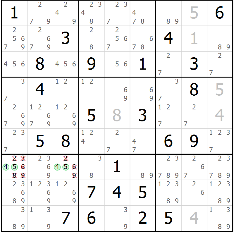 Position des candidats pour la solution de la Gr 60 page 63 du magazine de sudoku Maestro n° 100