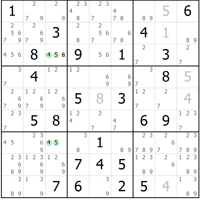 Position des candidats pour la solution de la Gr 60 page 63 du magazine de sudoku Maestro n° 100
