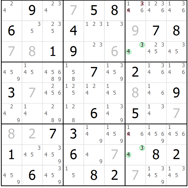 Position des candidats pour la solution de la Gr 61 page 64 du magazine de sudoku Maestro n° 100