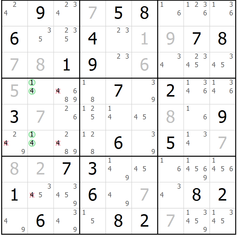 Position des candidats pour la solution de la Gr 61 page 64 du magazine de sudoku Maestro n° 100