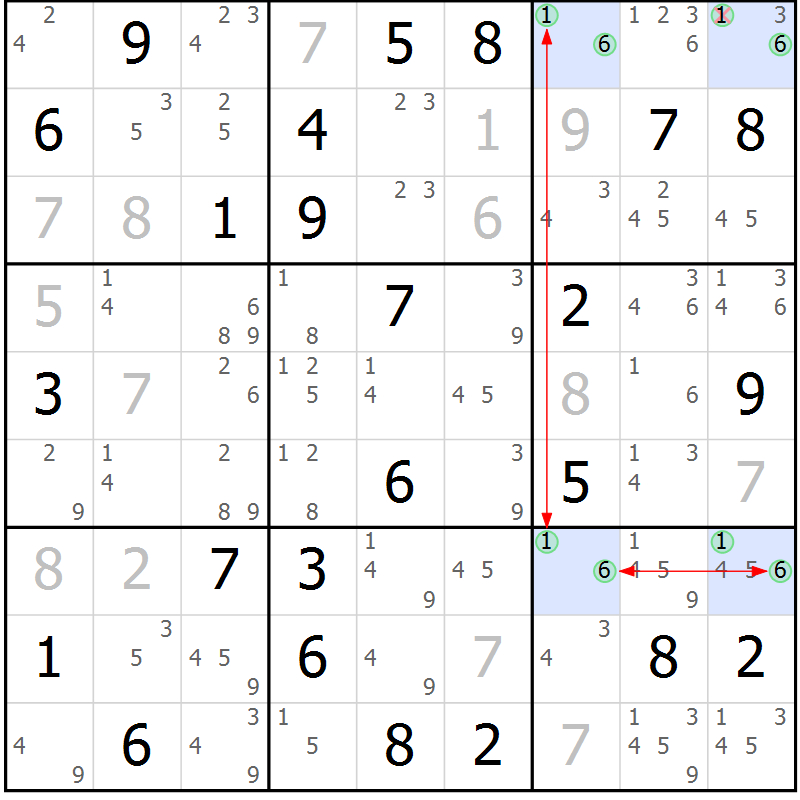 Position des candidats pour la solution de la Gr 61 page 64 du magazine de sudoku Maestro n° 100