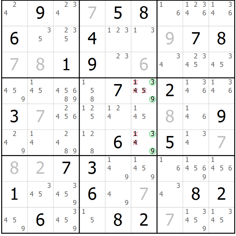 Position des candidats pour la solution de la Gr 61 page 64 du magazine de sudoku Maestro n° 100