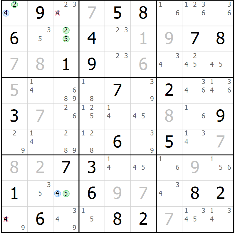 Position des candidats pour la solution de la Gr 61 page 64 du magazine de sudoku Maestro n° 100