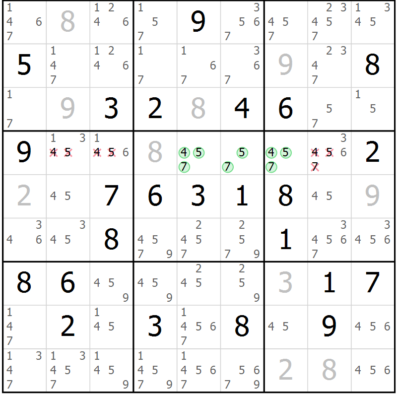 Position des candidats pour la solution de la Gr 62 page 65 du magazine de sudoku Maestro n° 100