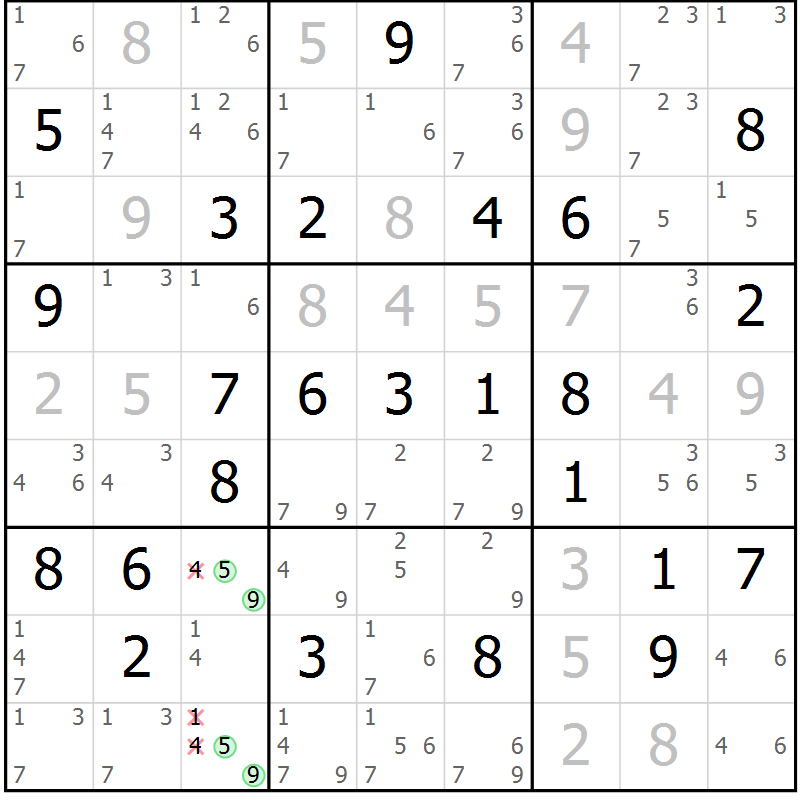 Position des candidats pour la solution de la Gr 62 page 65 du magazine de sudoku Maestro n° 100