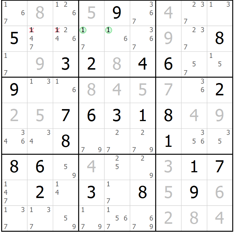 Position des candidats pour la solution de la Gr 62 page 65 du magazine de sudoku Maestro n° 100