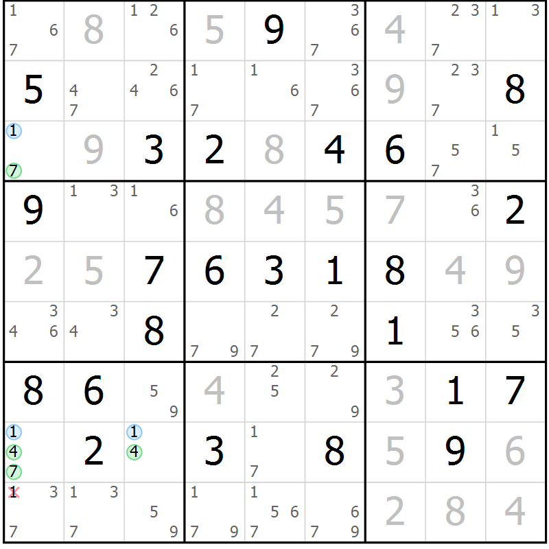 Position des candidats pour la solution de la Gr 62 page 65 du magazine de sudoku Maestro n° 100
