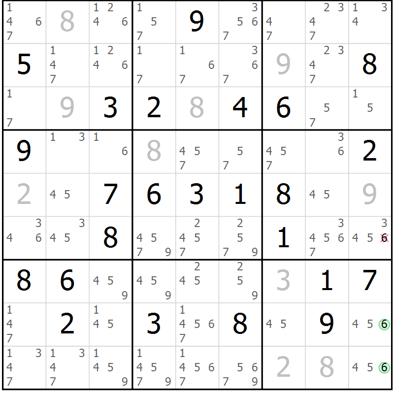 Position des candidats pour la solution de la Gr 62 page 65 du magazine de sudoku Maestro n° 100