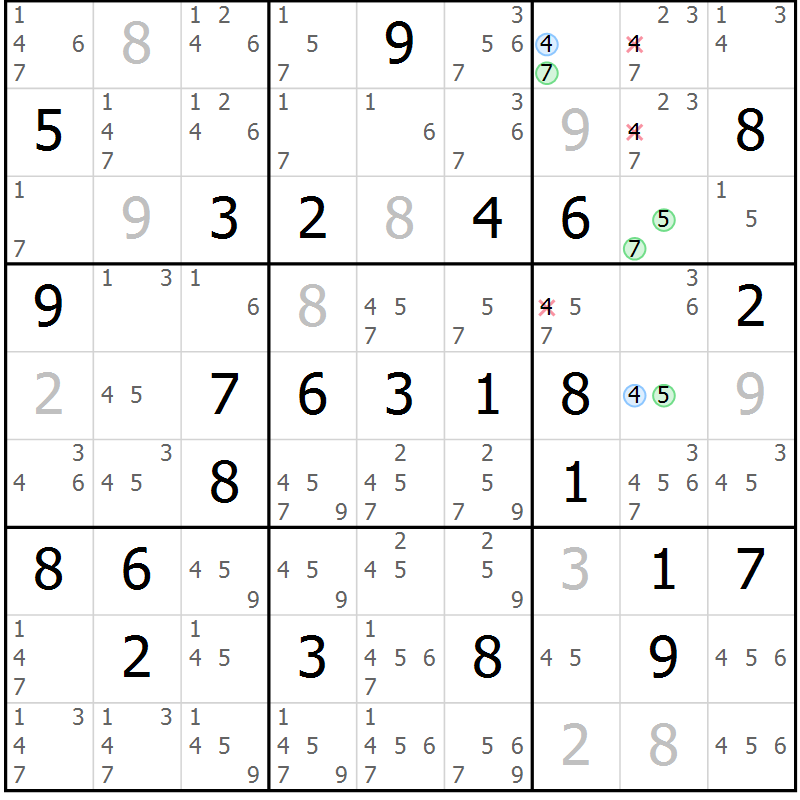 Position des candidats pour la solution de la Gr 62 page 65 du magazine de sudoku Maestro n° 100