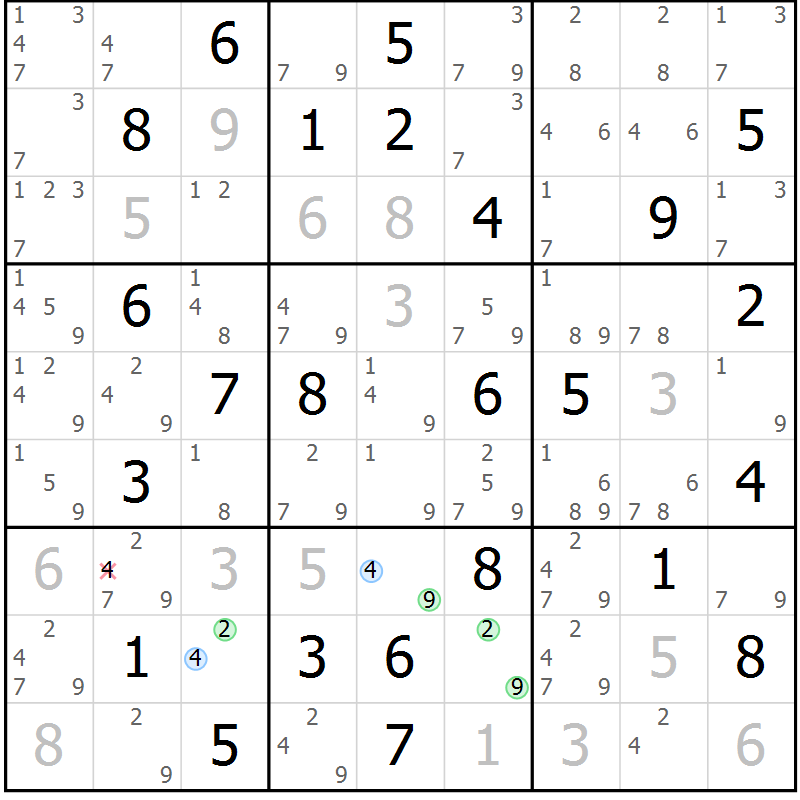 Position des candidats pour la solution de la Gr 63 page 66 du magazine de sudoku Maestro n° 100