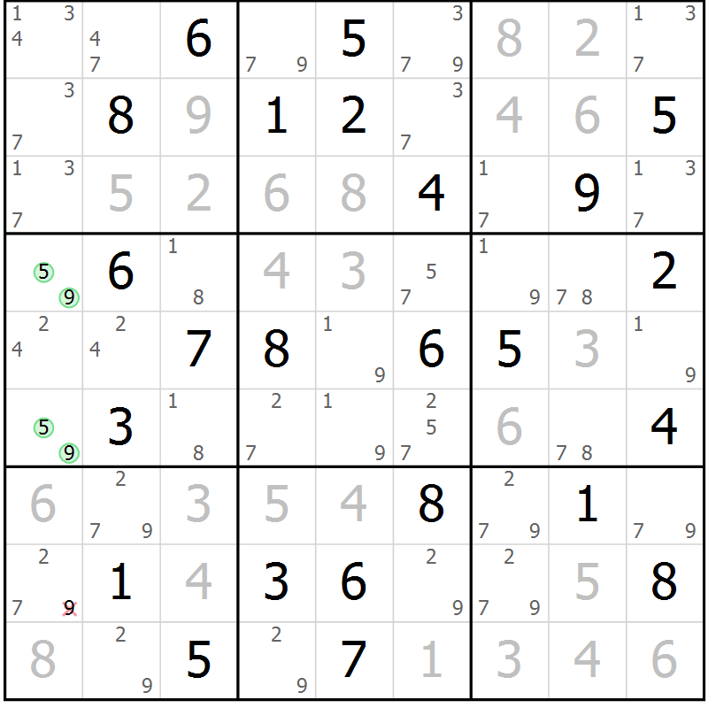 Position des candidats pour la solution de la Gr 63 page 66 du magazine de sudoku Maestro n° 100