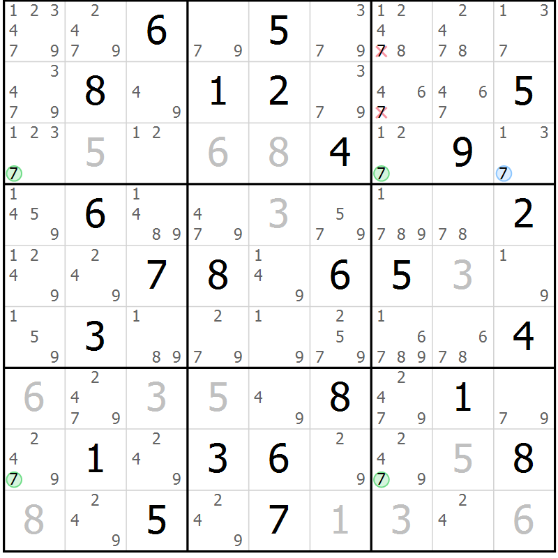 Position des candidats pour la solution de la Gr 63 page 66 du magazine de sudoku Maestro n° 100