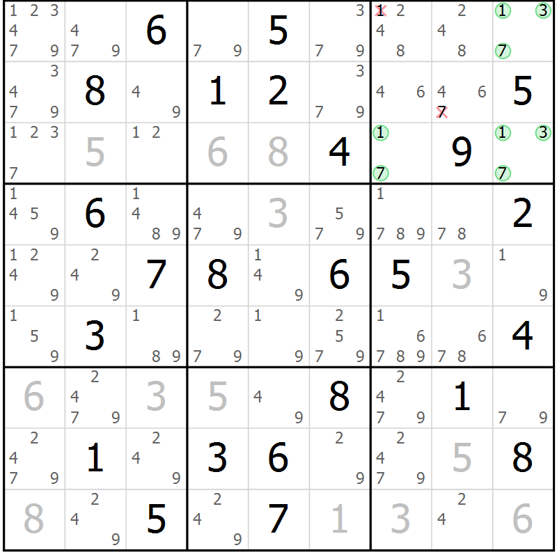 Position des candidats pour la solution de la Gr 63 page 66 du magazine de sudoku Maestro n° 100