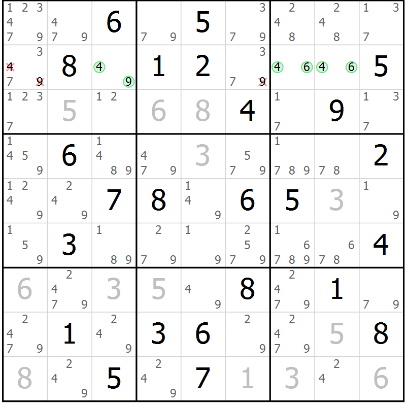 Position des candidats pour la solution de la Gr 63 page 66 du magazine de sudoku Maestro n° 100