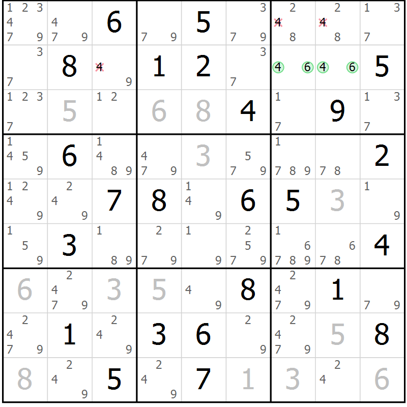 Position des candidats pour la solution de la Gr 63 page 66 du magazine de sudoku Maestro n° 100