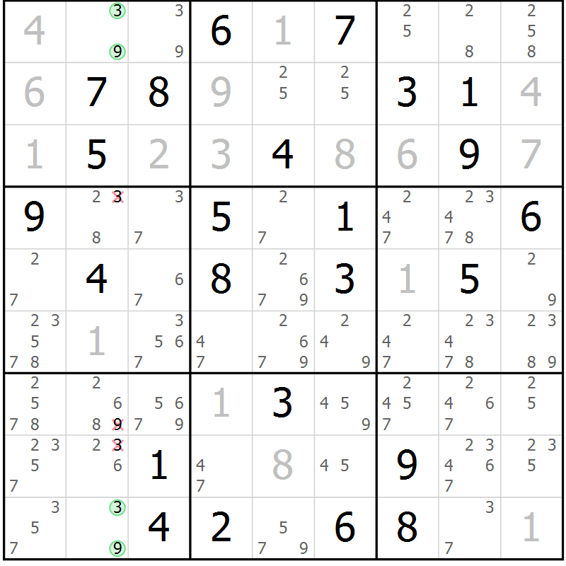 Position des candidats pour la solution de la Gr 64 page 67 du magazine de sudoku Maestro n° 100