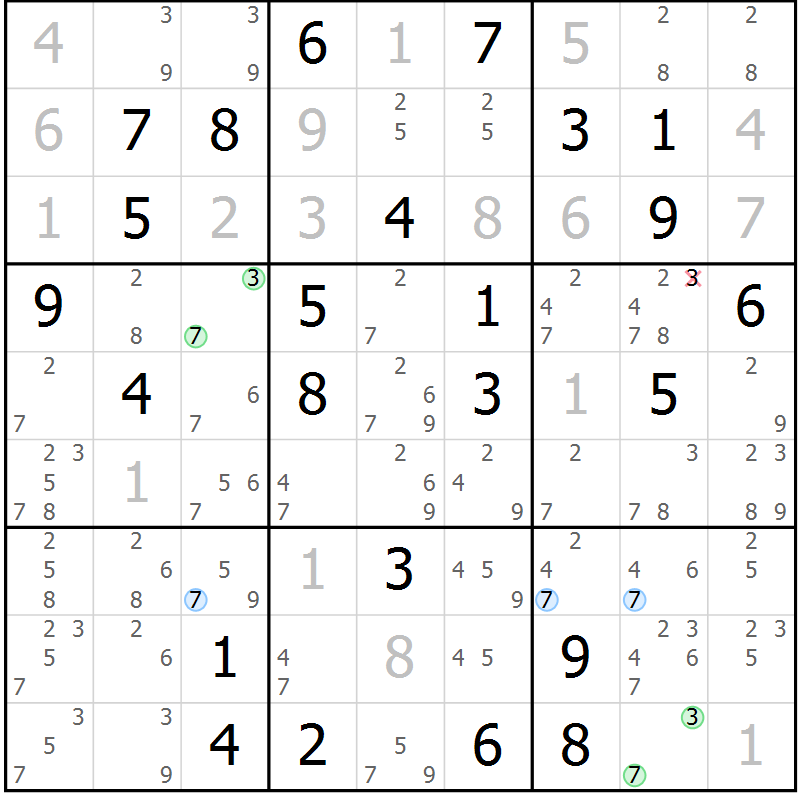 Position des candidats pour la solution de la Gr 64 page 67 du magazine de sudoku Maestro n° 100