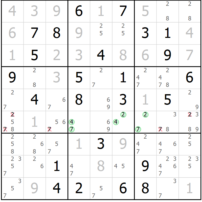 Position des candidats pour la solution de la Gr 64 page 67 du magazine de sudoku Maestro n° 100