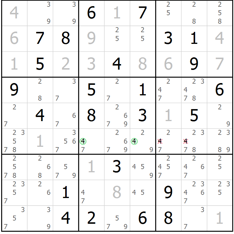 Position des candidats pour la solution de la Gr 64 page 67 du magazine de sudoku Maestro n° 100