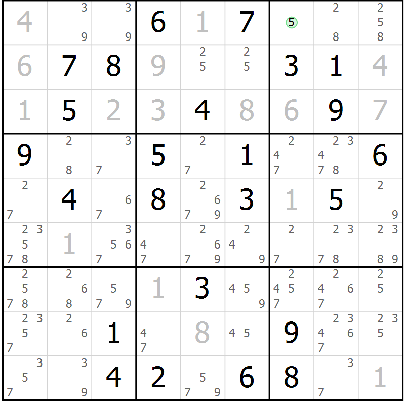 Position des candidats pour la solution de la Gr 64 page 67 du magazine de sudoku Maestro n° 100