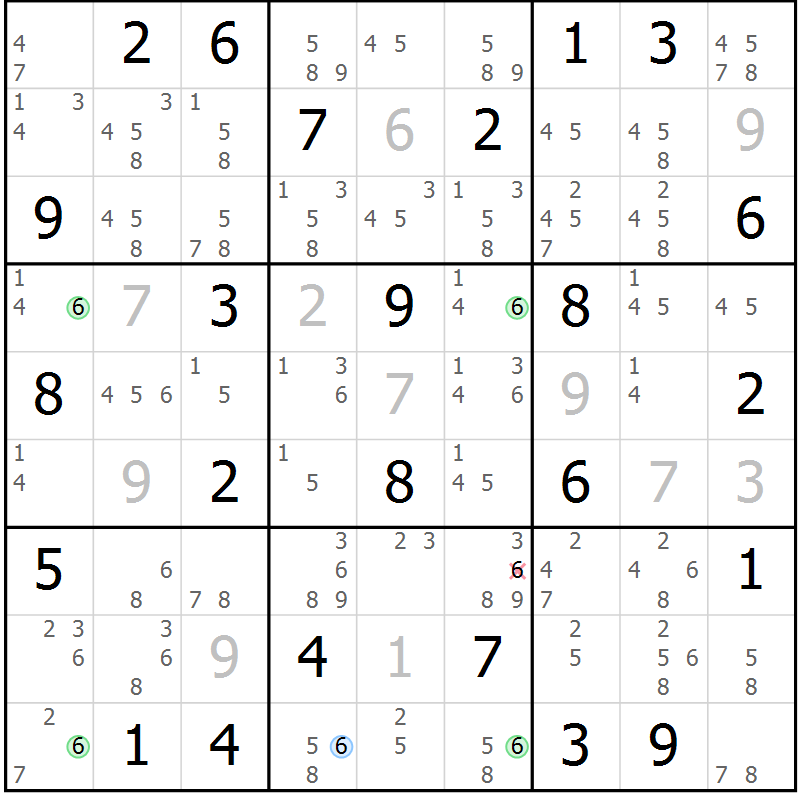 Position des candidats pour la solution de la Gr 65 page 68 du magazine de sudoku Maestro n° 100