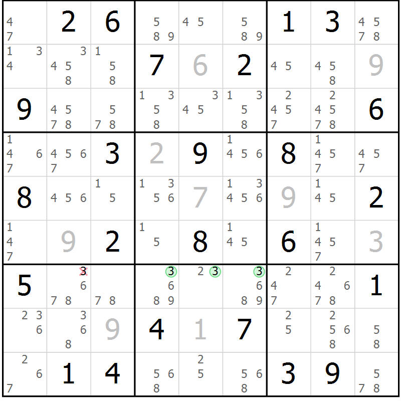 Position des candidats pour la solution de la Gr 65 page 68 du magazine de sudoku Maestro n° 100