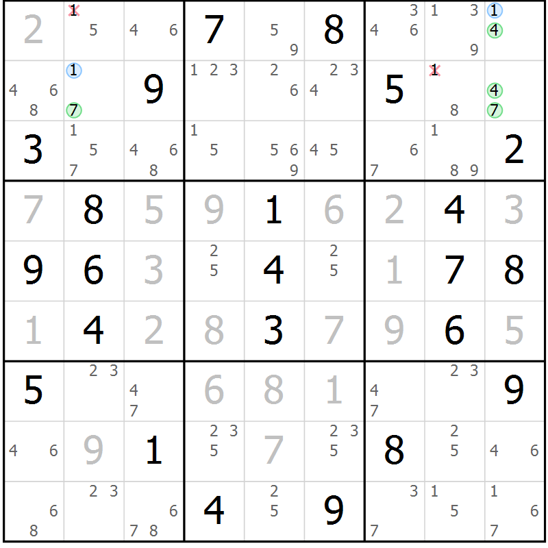 Position des candidats pour la solution de la Gr 67 page 70 du magazine de sudoku Maestro n° 100
