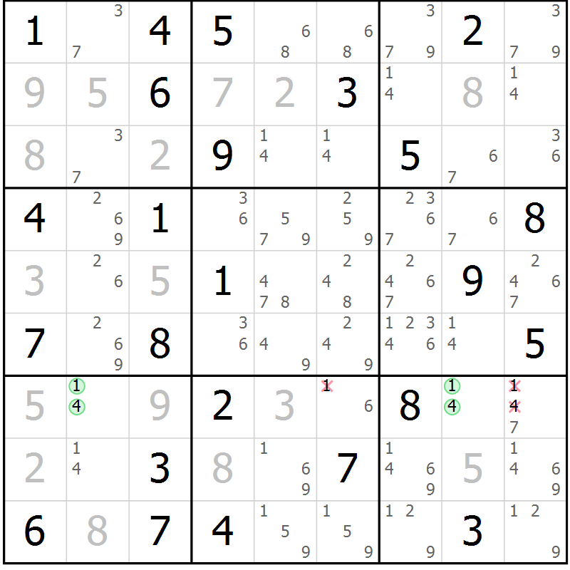Position des candidats pour la solution de la Gr 68 page 71 du magazine de sudoku Maestro n° 100