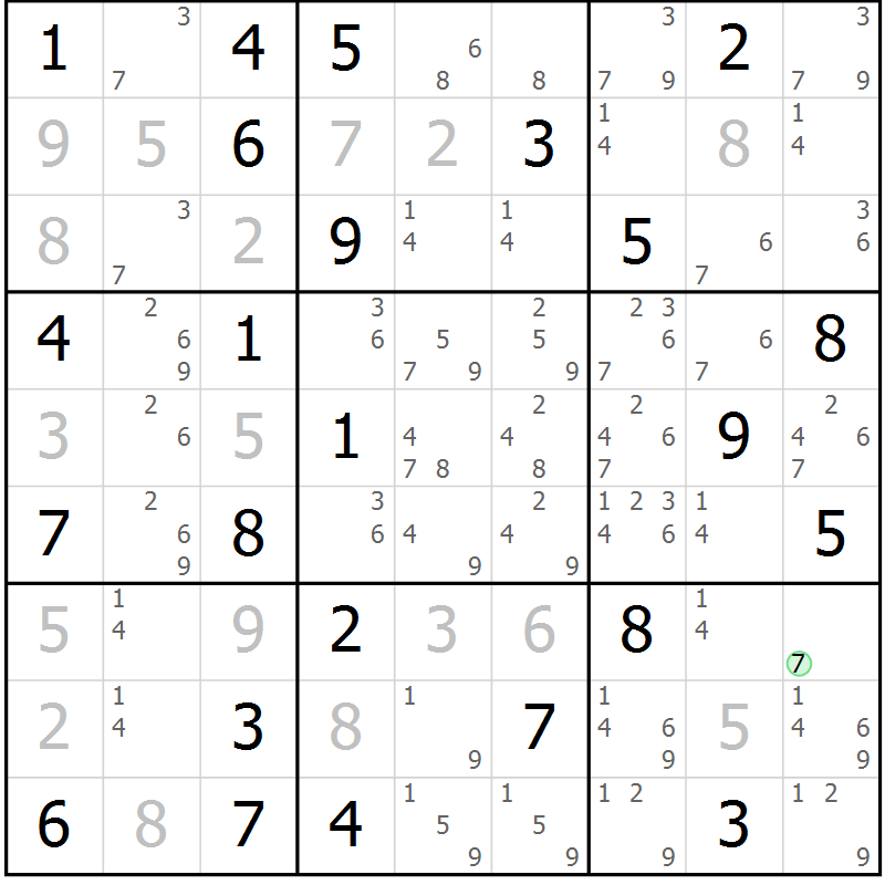 Position des candidats pour la solution de la Gr 68 page 71 du magazine de sudoku Maestro n° 100