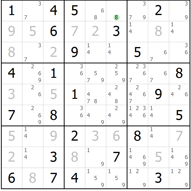 Position des candidats pour la solution de la Gr 68 page 71 du magazine de sudoku Maestro n° 100