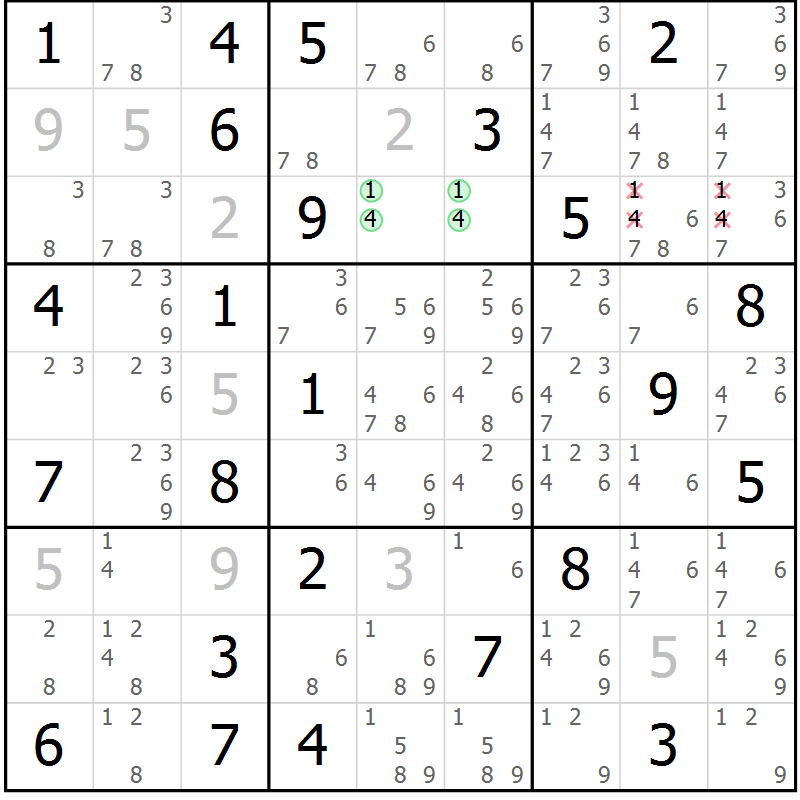 Position des candidats pour la solution de la Gr 68 page 71 du magazine de sudoku Maestro n° 100