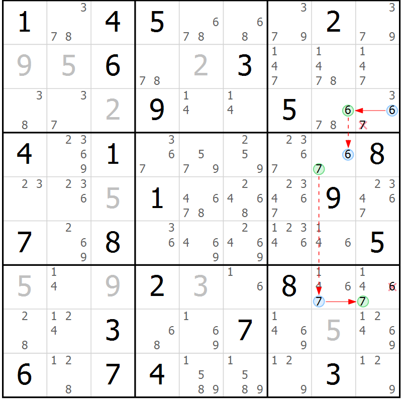 Position des candidats pour la solution de la Gr 68 page 71 du magazine de sudoku Maestro n° 100